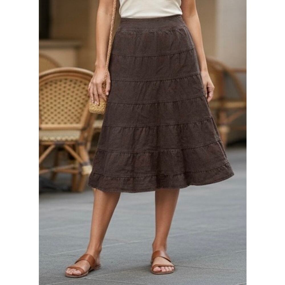 Live a Little Vintage Brown Ruffle Tiered Jean Skirt, Stretch Cotton Blend sz 12